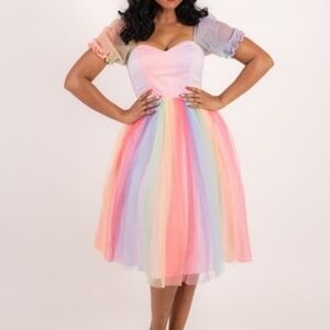 NWT Collectif Skylar Pastel Rainbow Puff Sleeve Babydoll Swing Dress